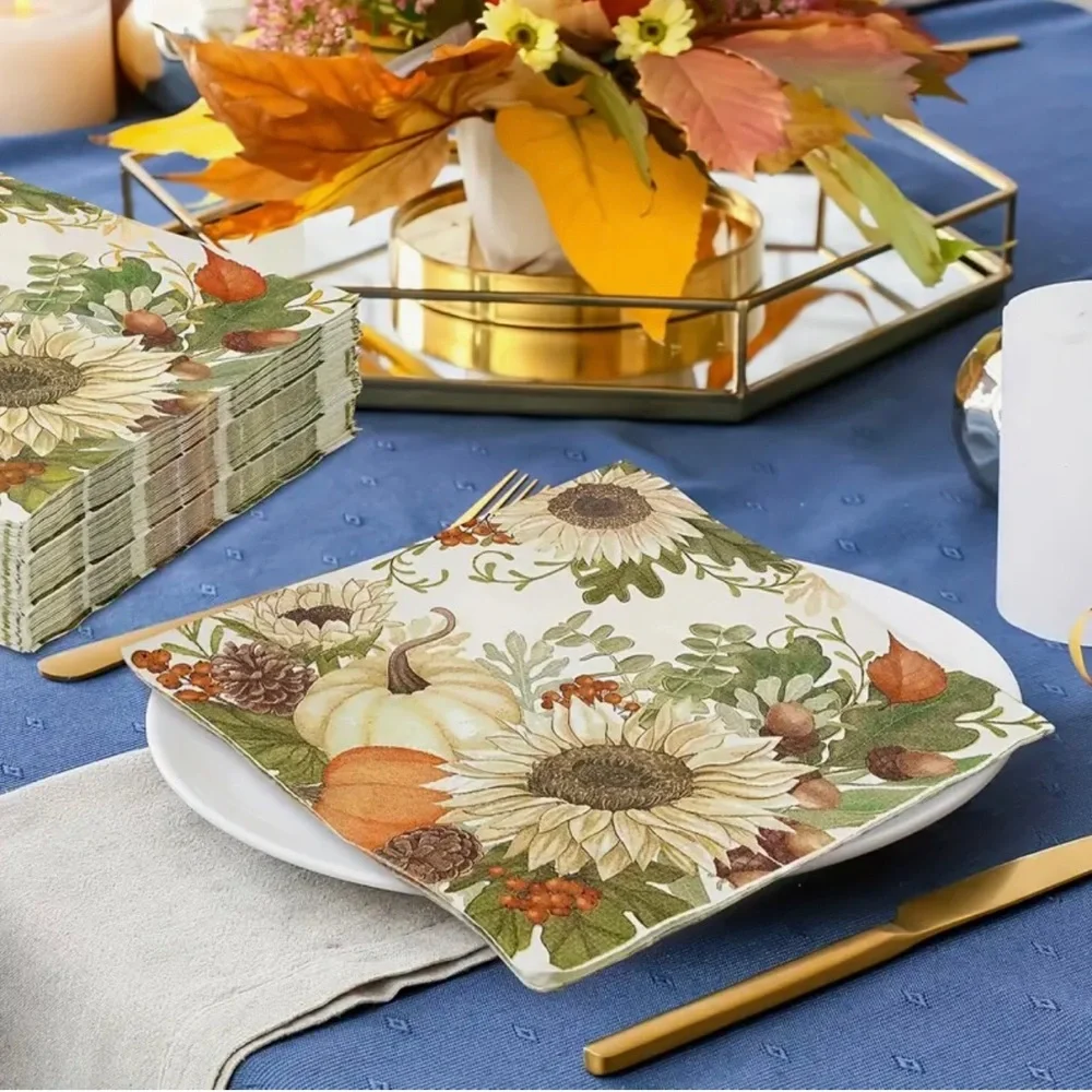 Set of Two (2) Individual Sunflower and Pumpkin Decoupage Napkins